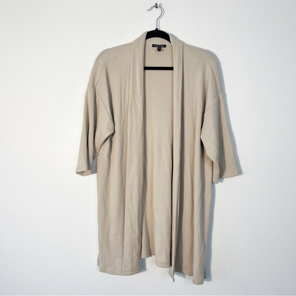 Eileen Fisher Ribbed Open Cardigan Short Sleeve Sweater Size Medium
